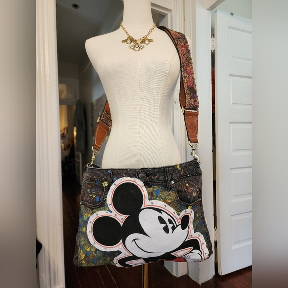 Hand Crafted Handbags - Hand Crafted Multicolor Mickey Mouse Denim Crossbody Bag
